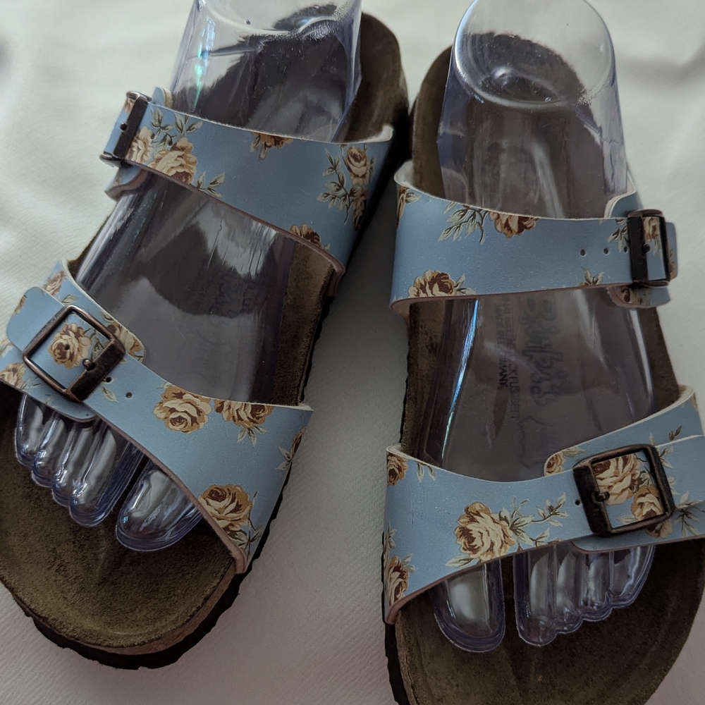 Birkenstock Birki's "Michele", Blue with Cream Floral Pattern Sandals